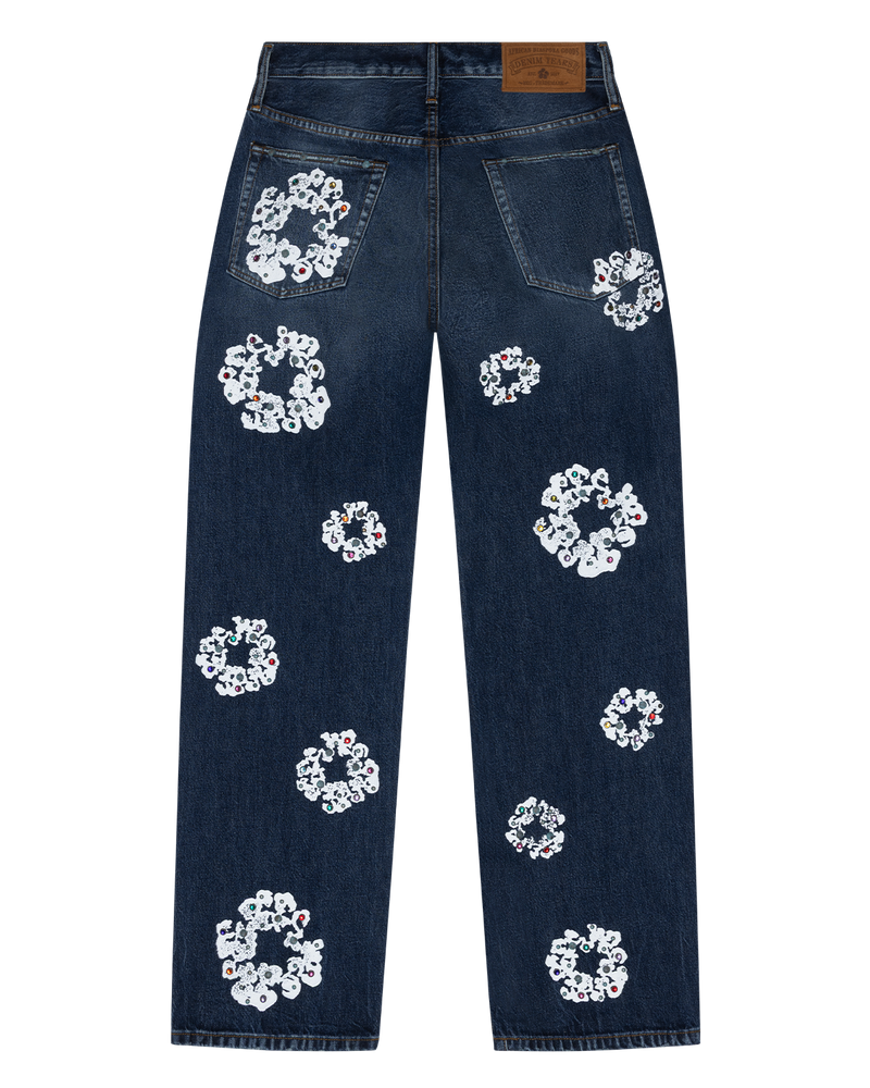 Baggy Rhinestone Cotton Wreath Denim Pant Dark Wash