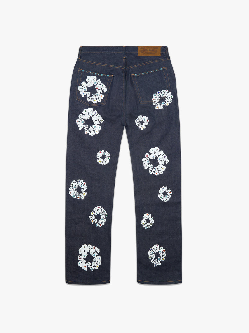 Baggy Studded Cotton Wreath Denim Pant Selvedge