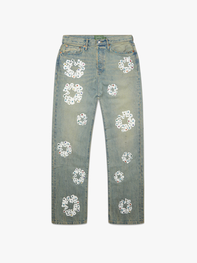 Baggy Studded Cotton Wreath Denim Pant Dirty Wash