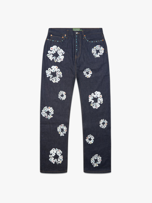 Baggy Studded Cotton Wreath Denim Pant Selvedge