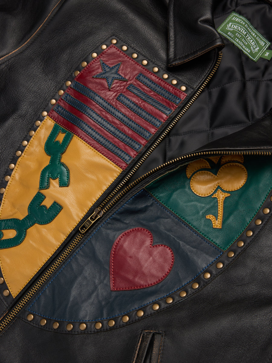 Libertas Crest Leather Jacket Washed Black – DENIM TEARS