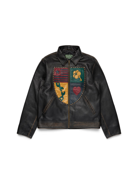 Libertas Crest Leather Jacket Washed Black – DENIM TEARS