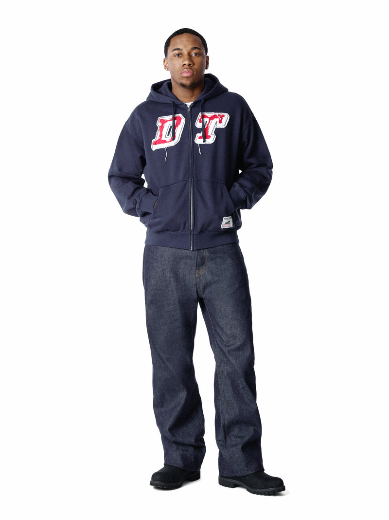Distressed Tackle Twill Zip Up Hoodie Navy