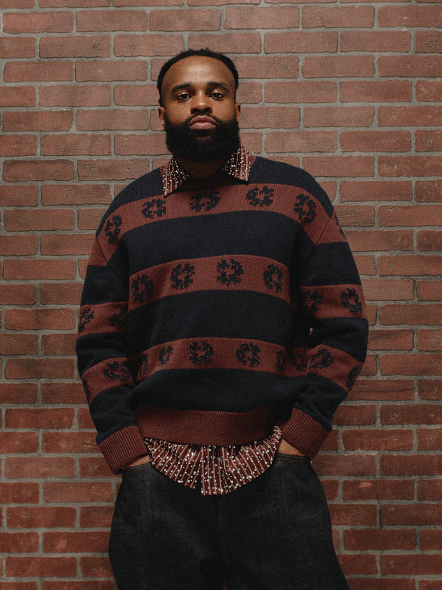 Cotton Wreath Striped Sweater Navy/Brown