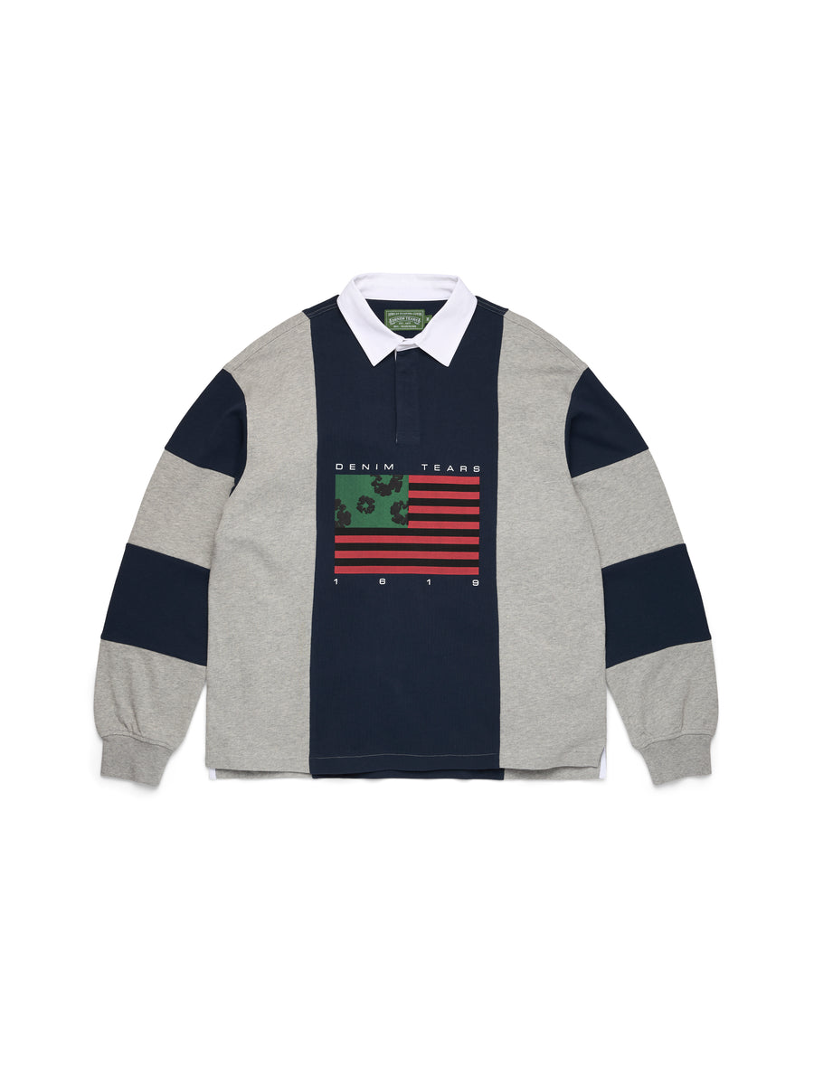 Denim Tears Logo Flag Long Sleeve Tee M！ Cotton Wreath Pan-African Flag Rugby Grey/Navy – DENIM TEARS