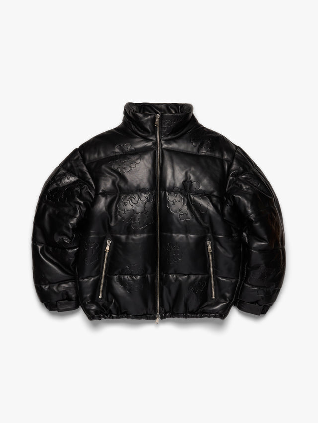 Embossed Leather Wreath Puffer Black