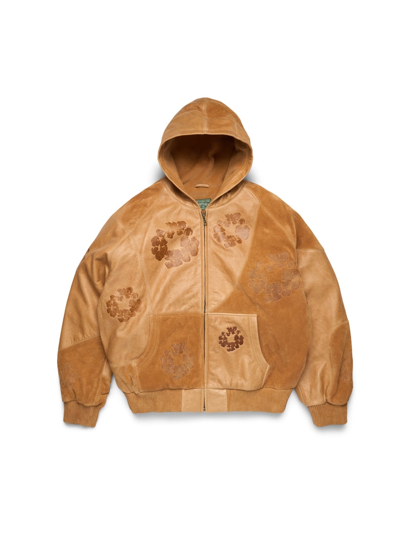 Patchwork Leather/Suede Cotton Wreath Hoodie Brown