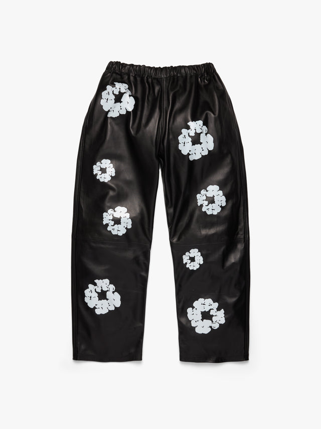 Leather Cotton Wreath Pants Black