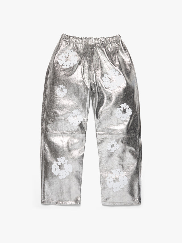 Leather Cotton Wreath Pants Silver