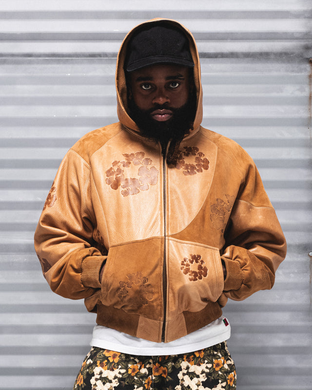 Patchwork Leather/Suede Cotton Wreath Hoodie Brown