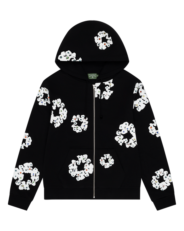Rhinestone Cotton Wreath Zip Hoodie Black