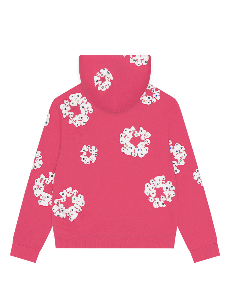 Rhinestone Cotton Wreath Zip Hoodie Pink