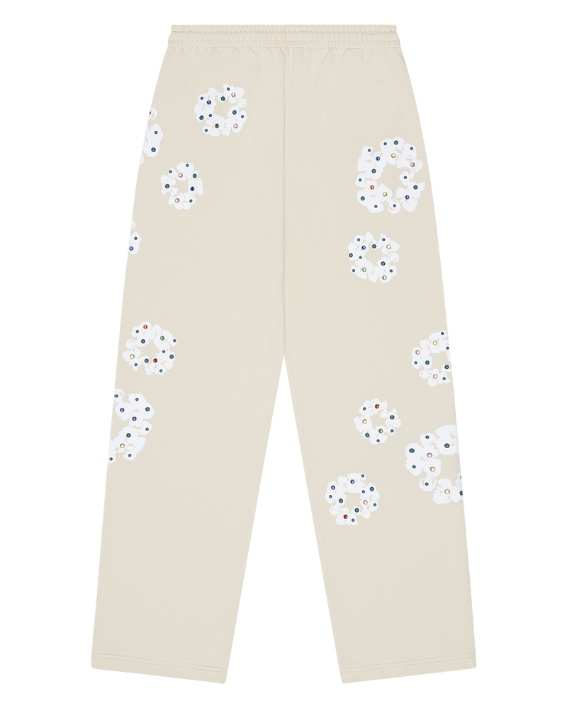 Rhinestone Cotton Wreath Open Hem Sweatpants Oatmeal
