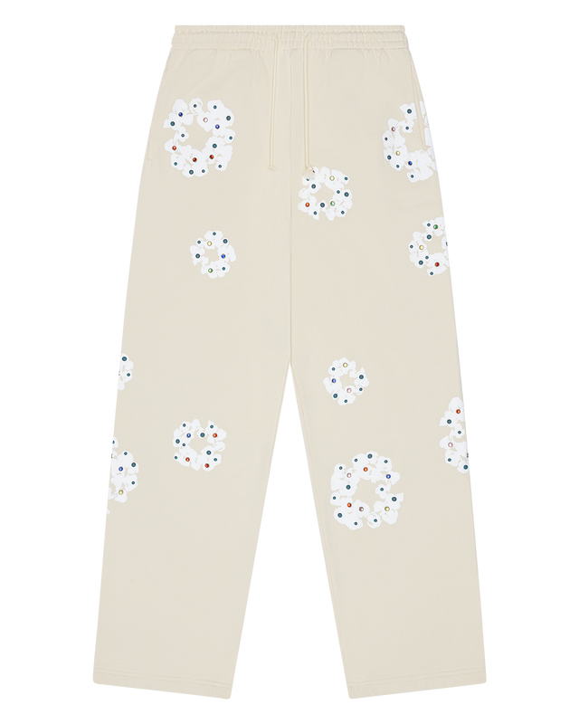 Rhinestone Cotton Wreath Open Hem Sweatpants Oatmeal