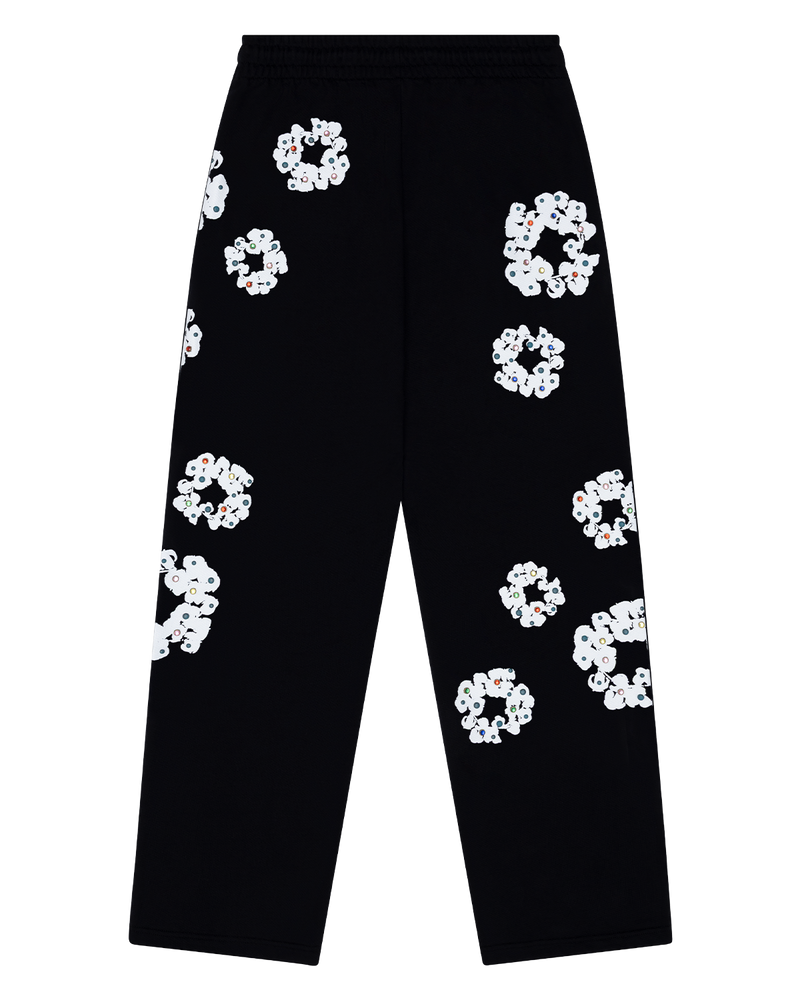 Rhinestone Cotton Wreath Open Hem Sweatpants Black