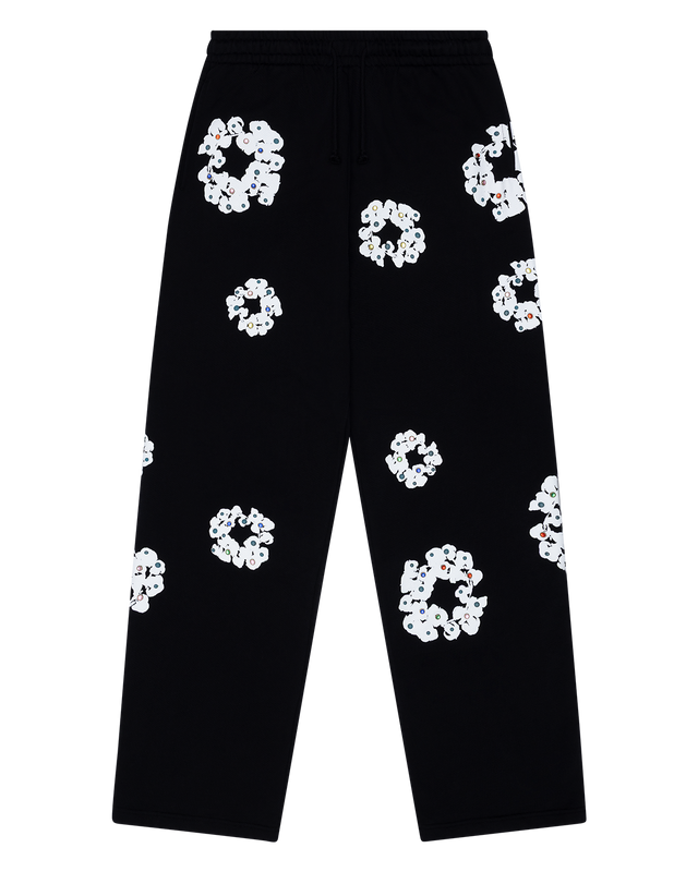 Rhinestone Cotton Wreath Open Hem Sweatpants Black