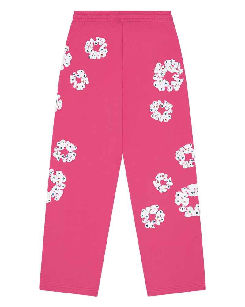 Rhinestone Cotton Wreath Open Hem Sweatpants Pink