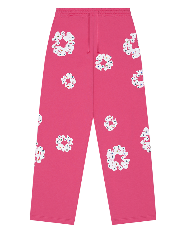 Rhinestone Cotton Wreath Open Hem Sweatpants Pink